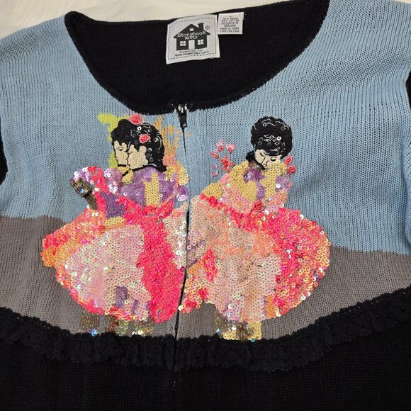 STORYBOOK KNITS Flamenco Dancers In Pink Cardigan Size L Women's Sequin Sweater - Picture 2 of 10